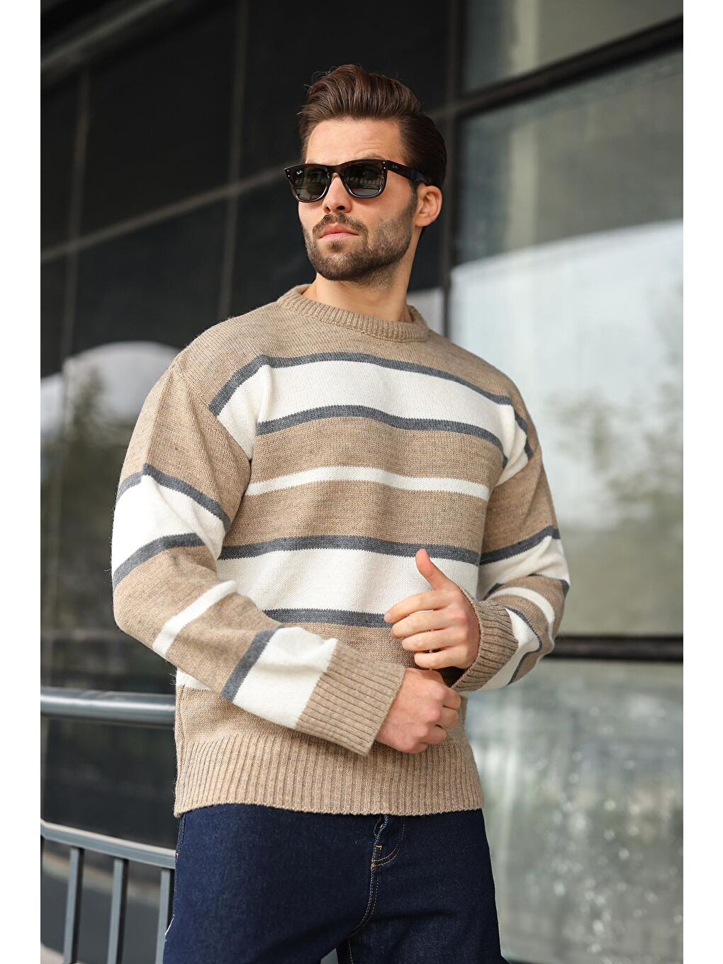 Bej Vizon Çizgili Bisiklet Yaka Triko Erkek Kazak E7455-2