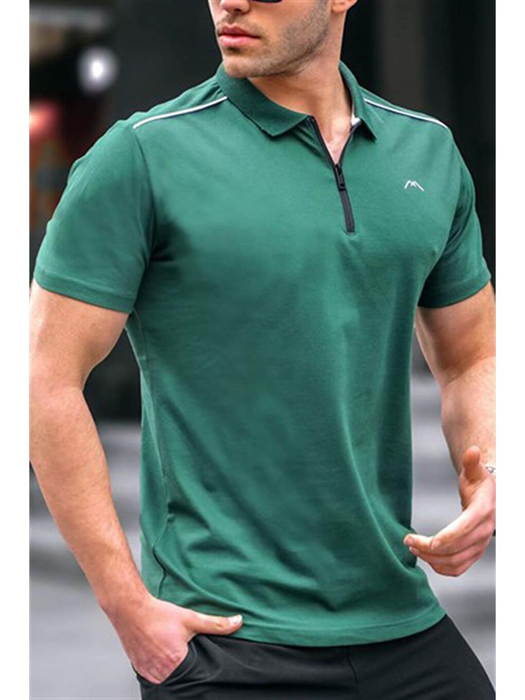 Erkek Koyu Yeşil Basic Fermuarlı Polo Tişört 6076-2