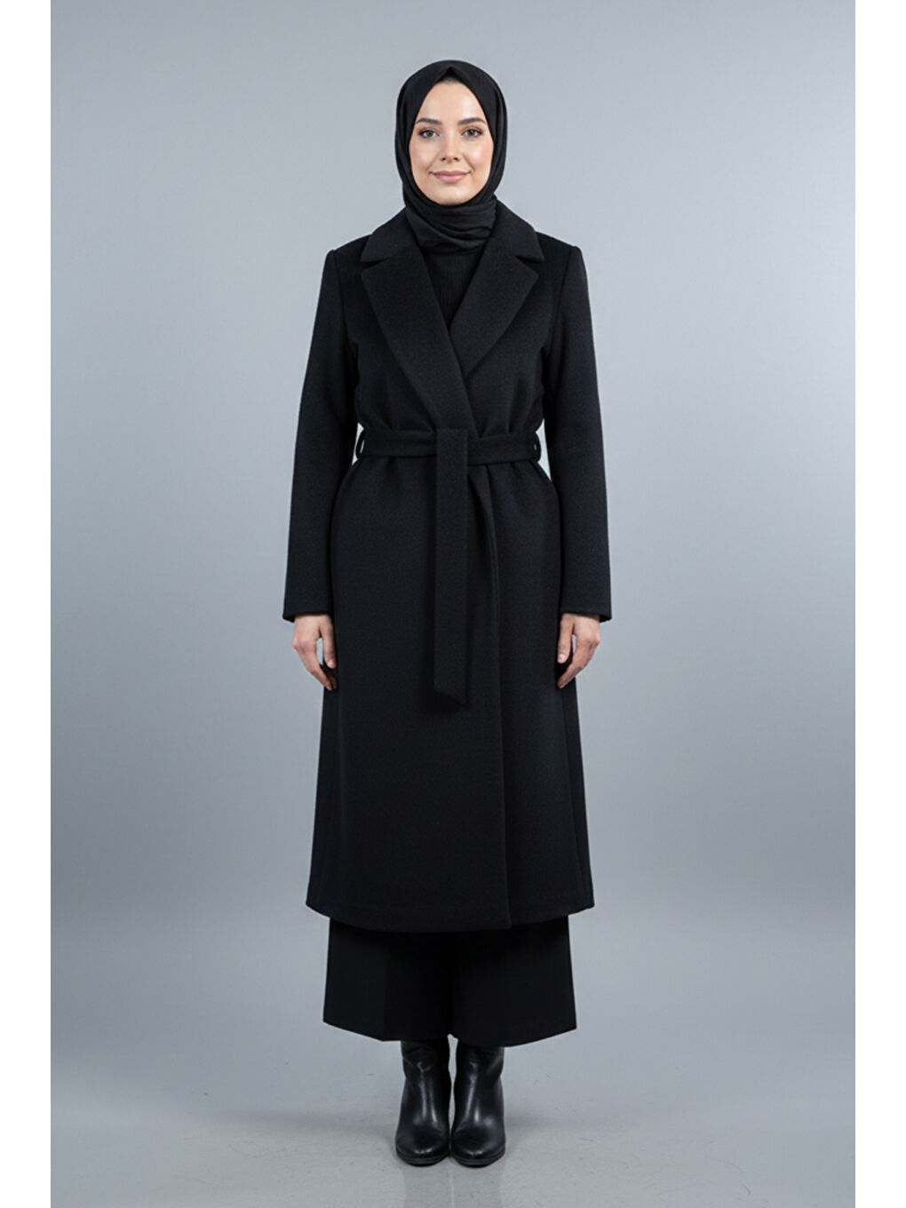 Kadın Kuşak Detay Kaşe Kaban 14334 Siyah-1