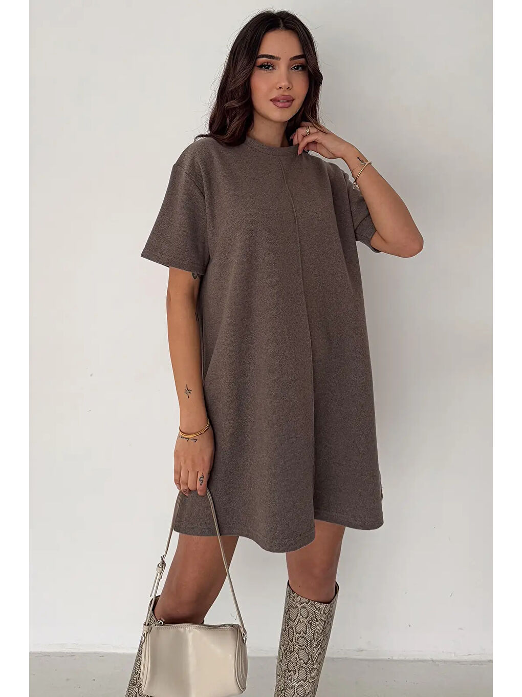 Kahverengi Kadın Rahat Kesim Soft Kısa Elbise Kahve