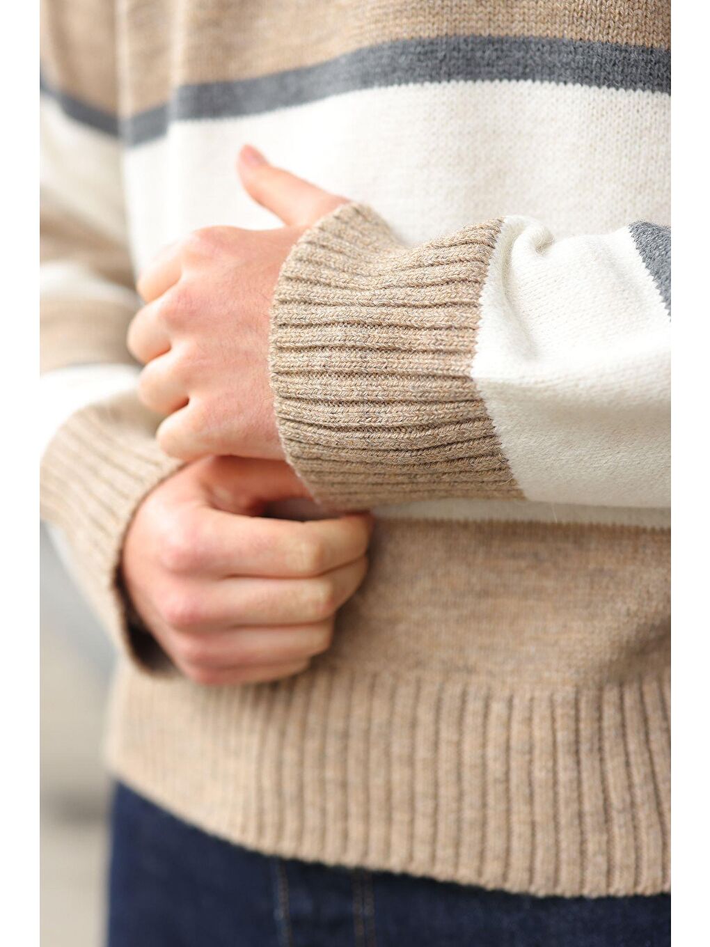 Bej Vizon Çizgili Bisiklet Yaka Triko Erkek Kazak E7455-3