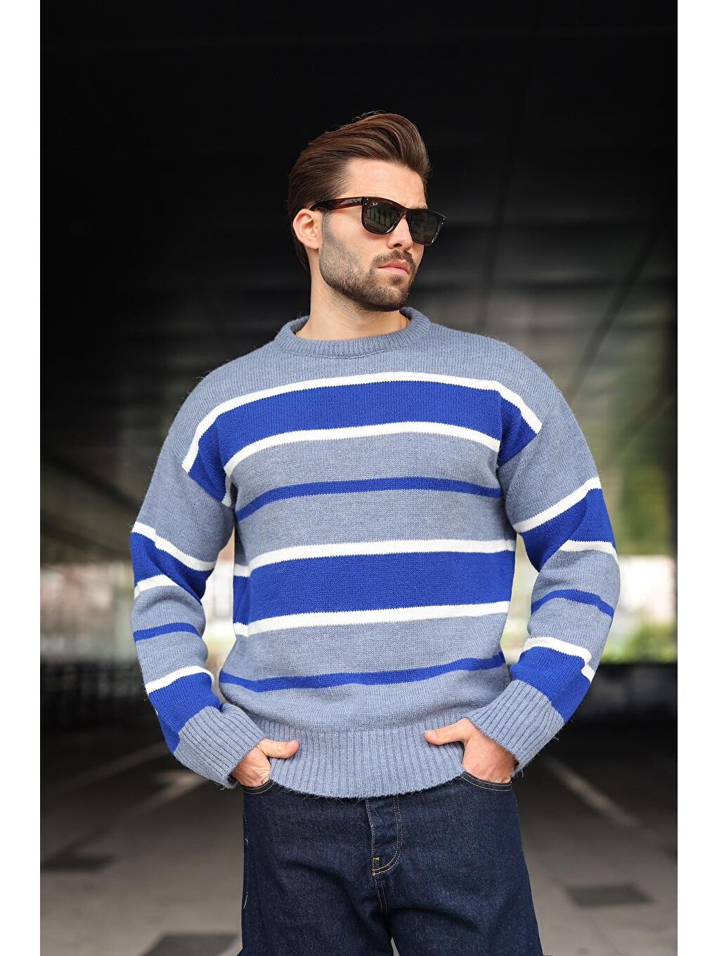 İndigo Çizgili Bisiklet Yaka Triko Erkek Kazak E7455-1