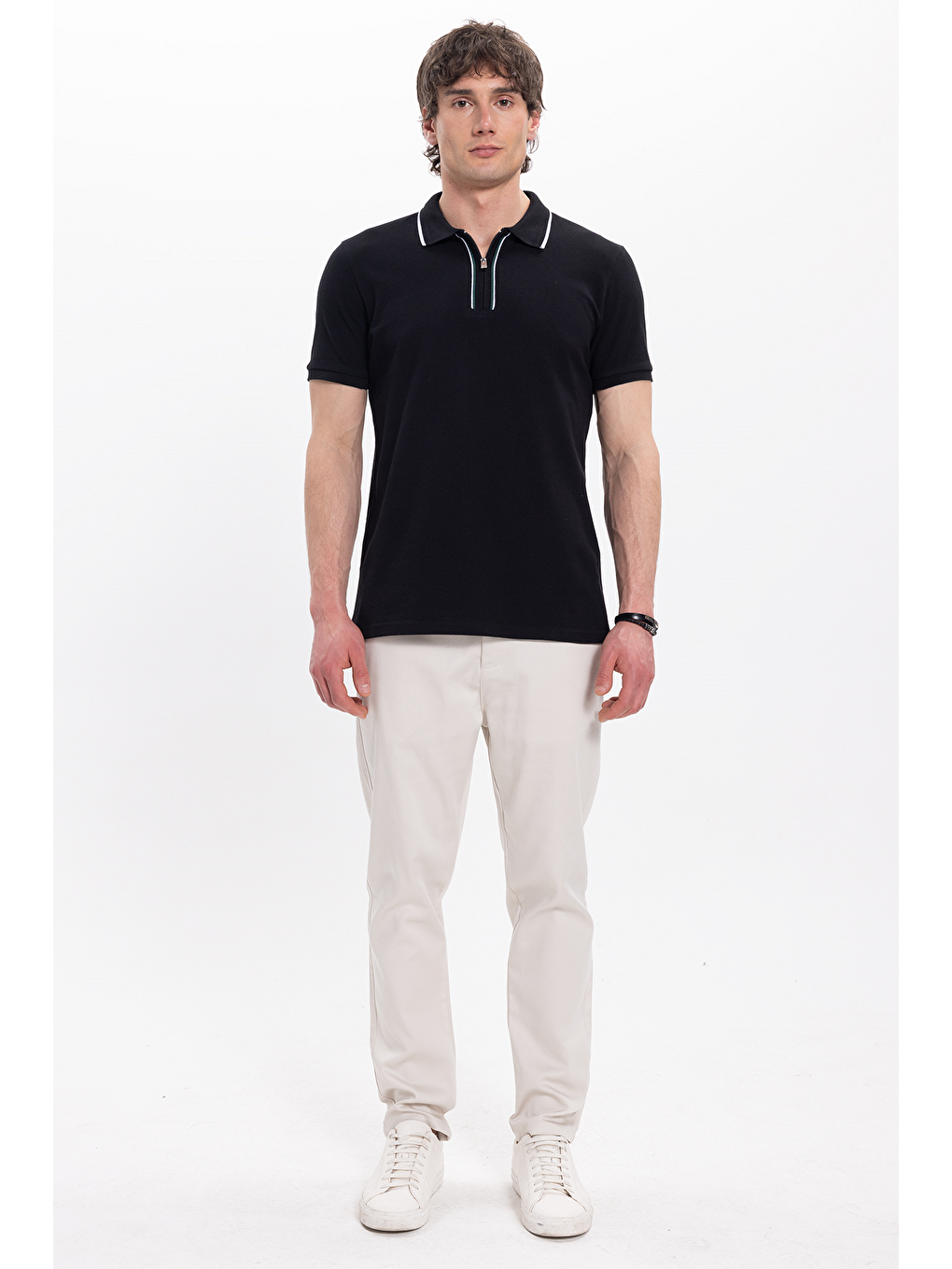 Erkek Slim Fit Dar Kesim %100 Pamuk Kısa Kollu Yarım Fermuarlı Siyah Polo Yaka Tişört-1
