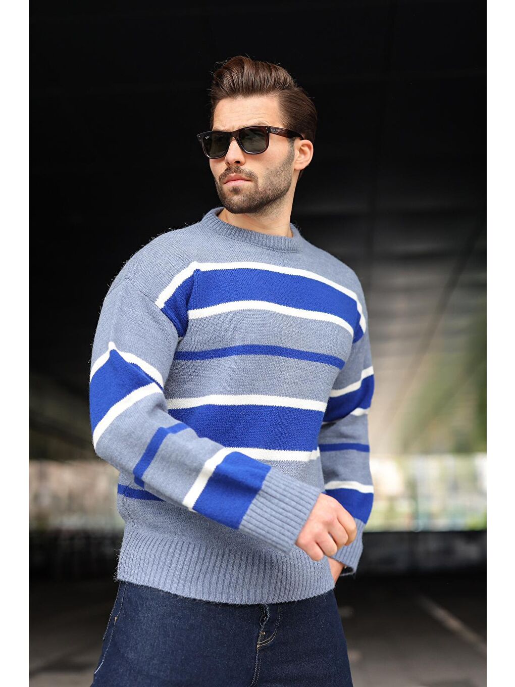 İndigo Çizgili Bisiklet Yaka Triko Erkek Kazak E7455-3