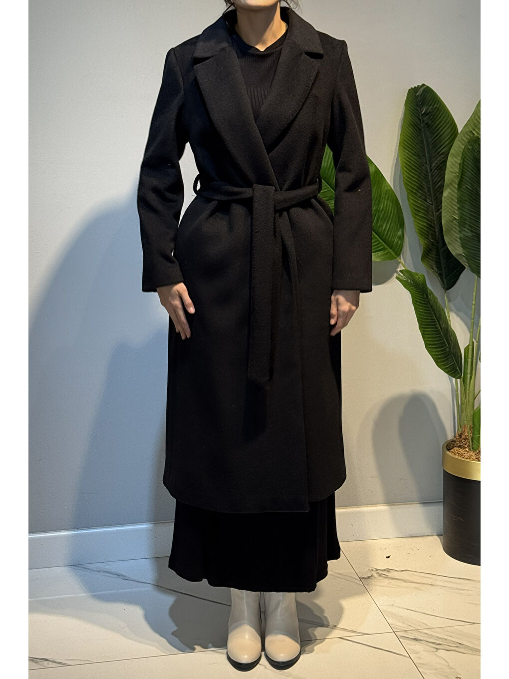 Kadın Kuşak Detay Kaşe Kaban 14334 Siyah-2