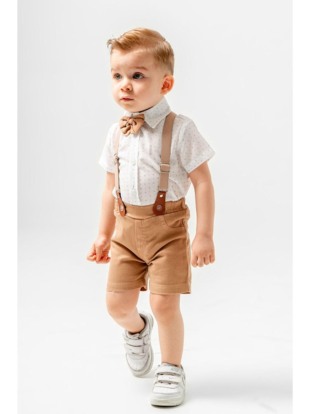 Ekru Tarz Desenli Gömlek Belden Ayarlanabilir Salopetli Kısa Kollu Şortlu 2'li Takım-1