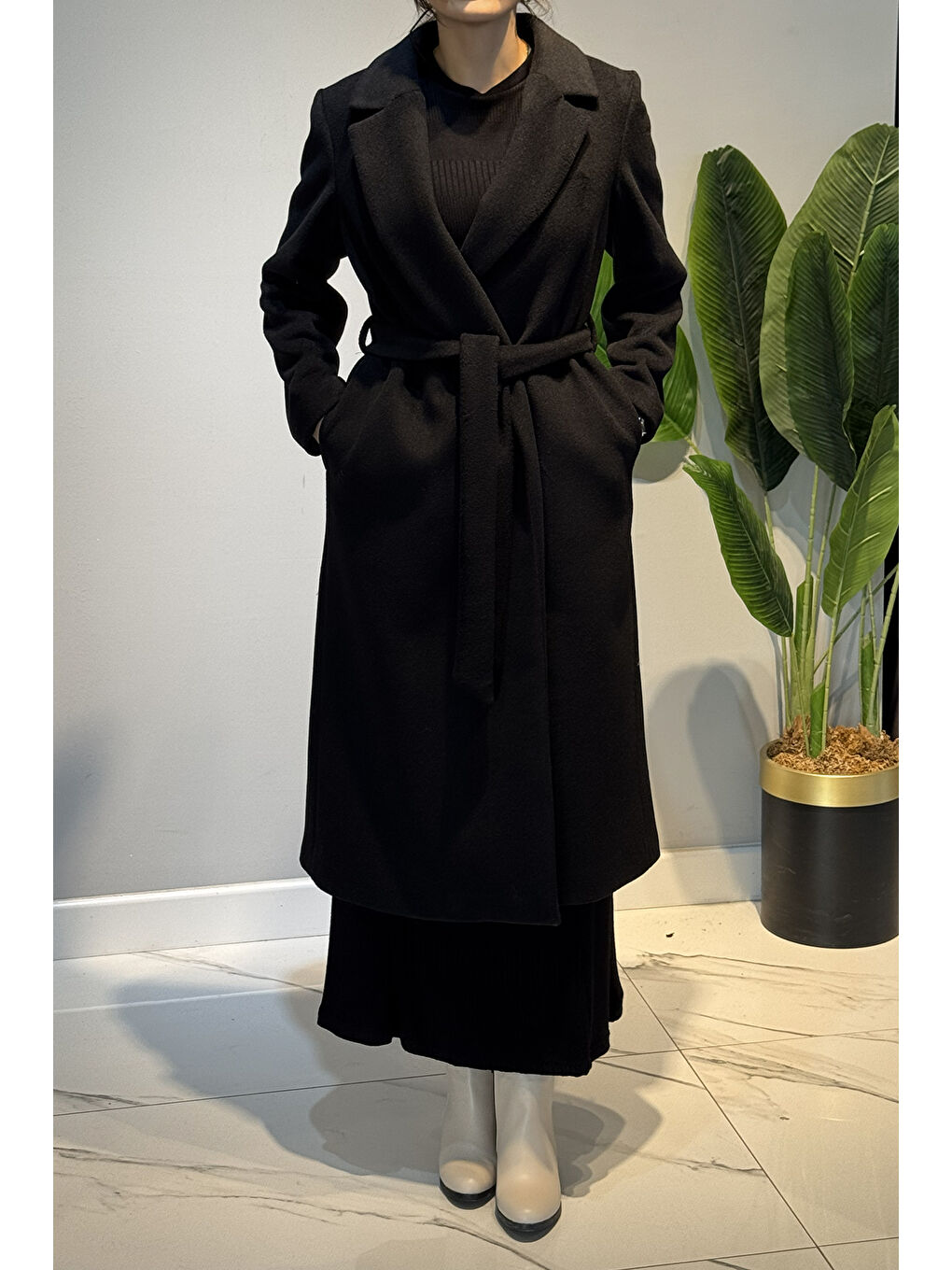 Kadın Kuşak Detay Kaşe Kaban 14334 Siyah-3