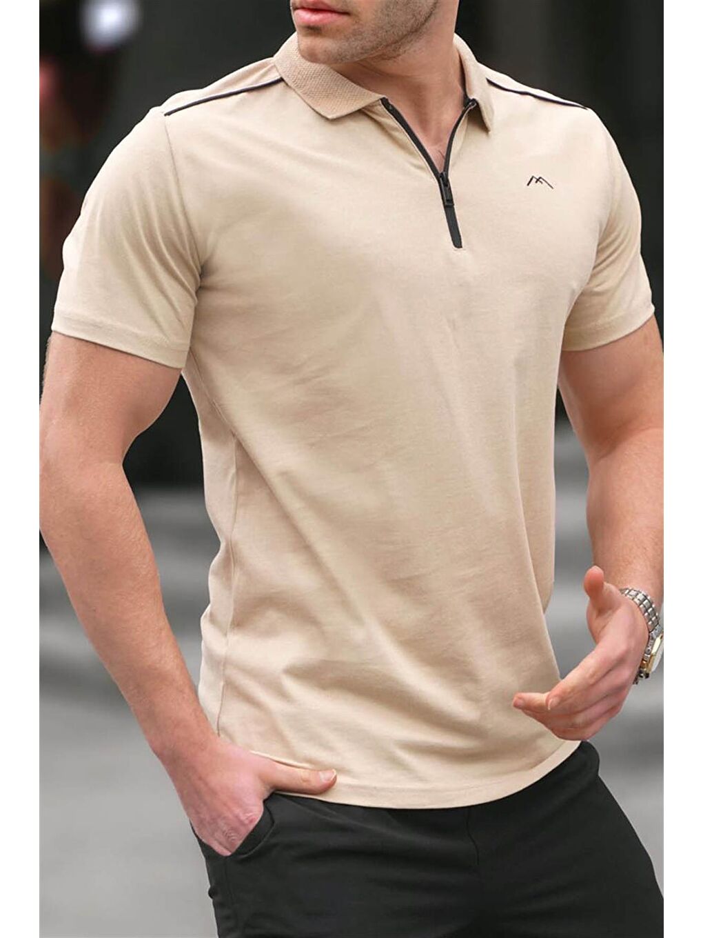 Erkek Bej Basic Fermuarlı Polo Tişört 6076-2