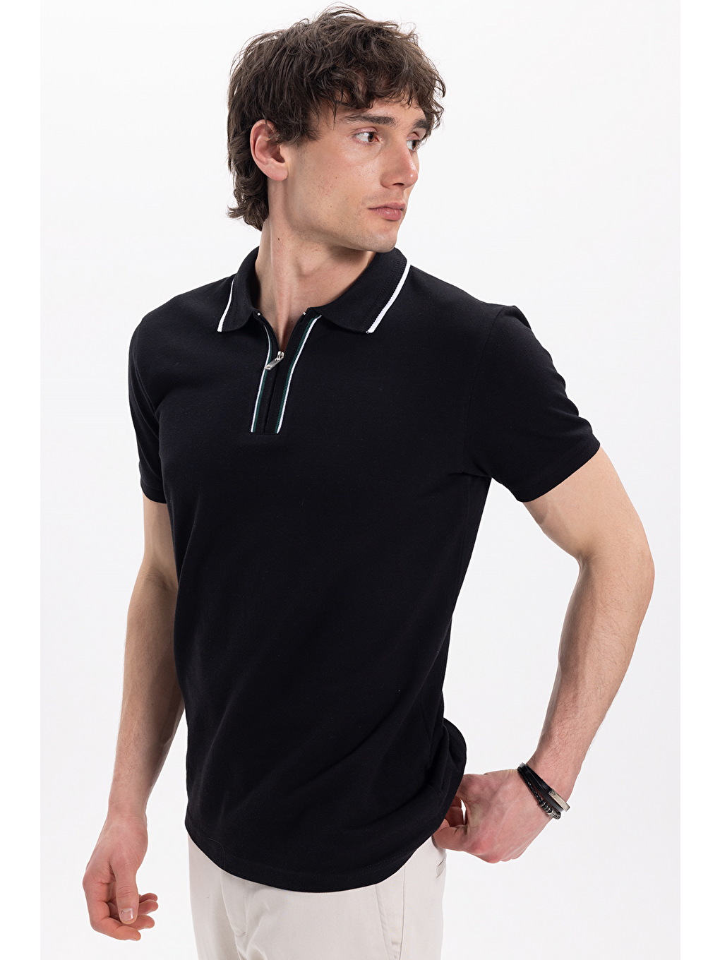 Erkek Slim Fit Dar Kesim %100 Pamuk Kısa Kollu Yarım Fermuarlı Siyah Polo Yaka Tişört-2