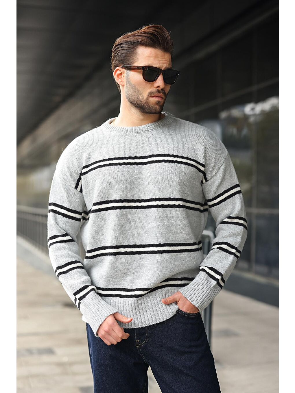 Gri Çizgili Bisiklet Yaka Triko Erkek Kazak E7457-1