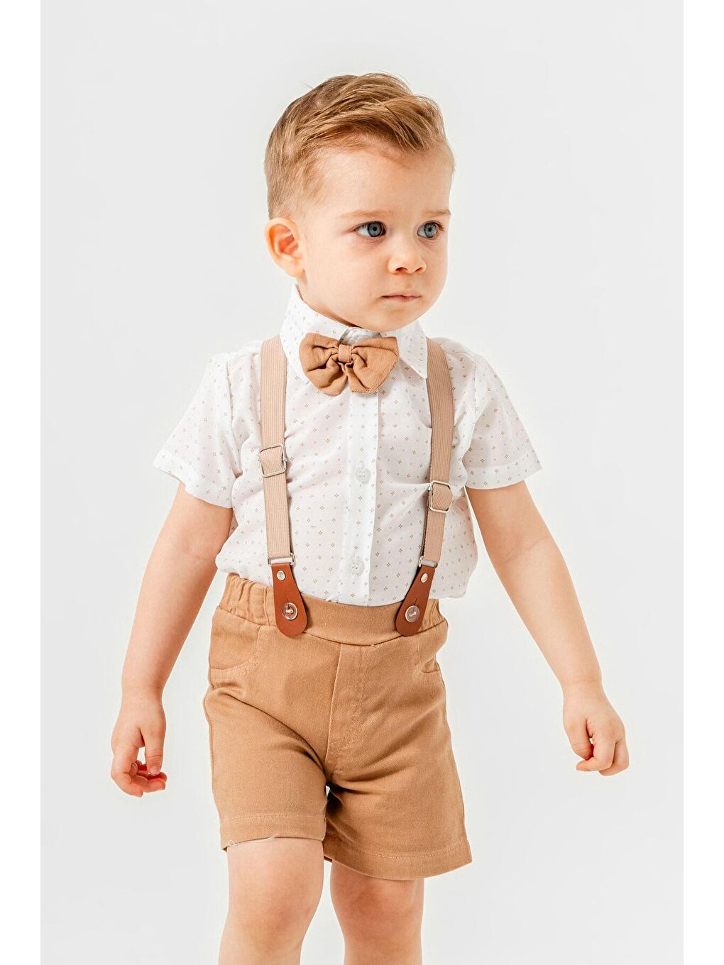 Ekru Tarz Desenli Gömlek Belden Ayarlanabilir Salopetli Kısa Kollu Şortlu 2'li Takım-2