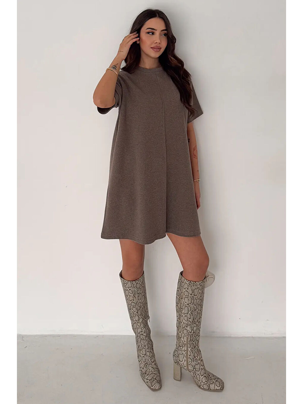 Kahverengi Kadın Rahat Kesim Soft Kısa Elbise Kahve-2