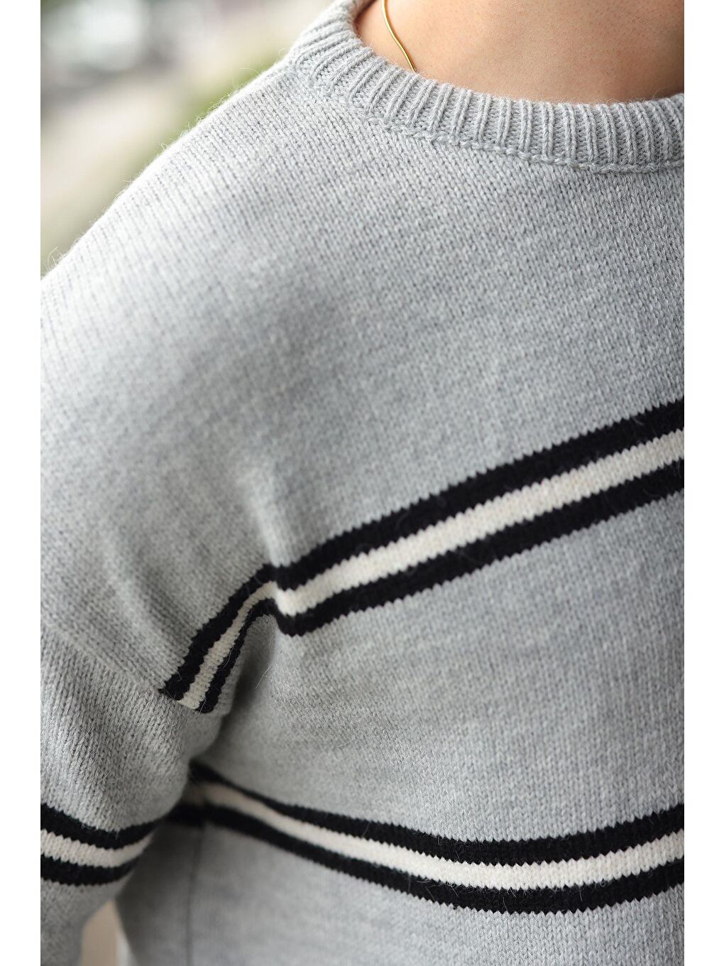 Gri Çizgili Bisiklet Yaka Triko Erkek Kazak E7457-2