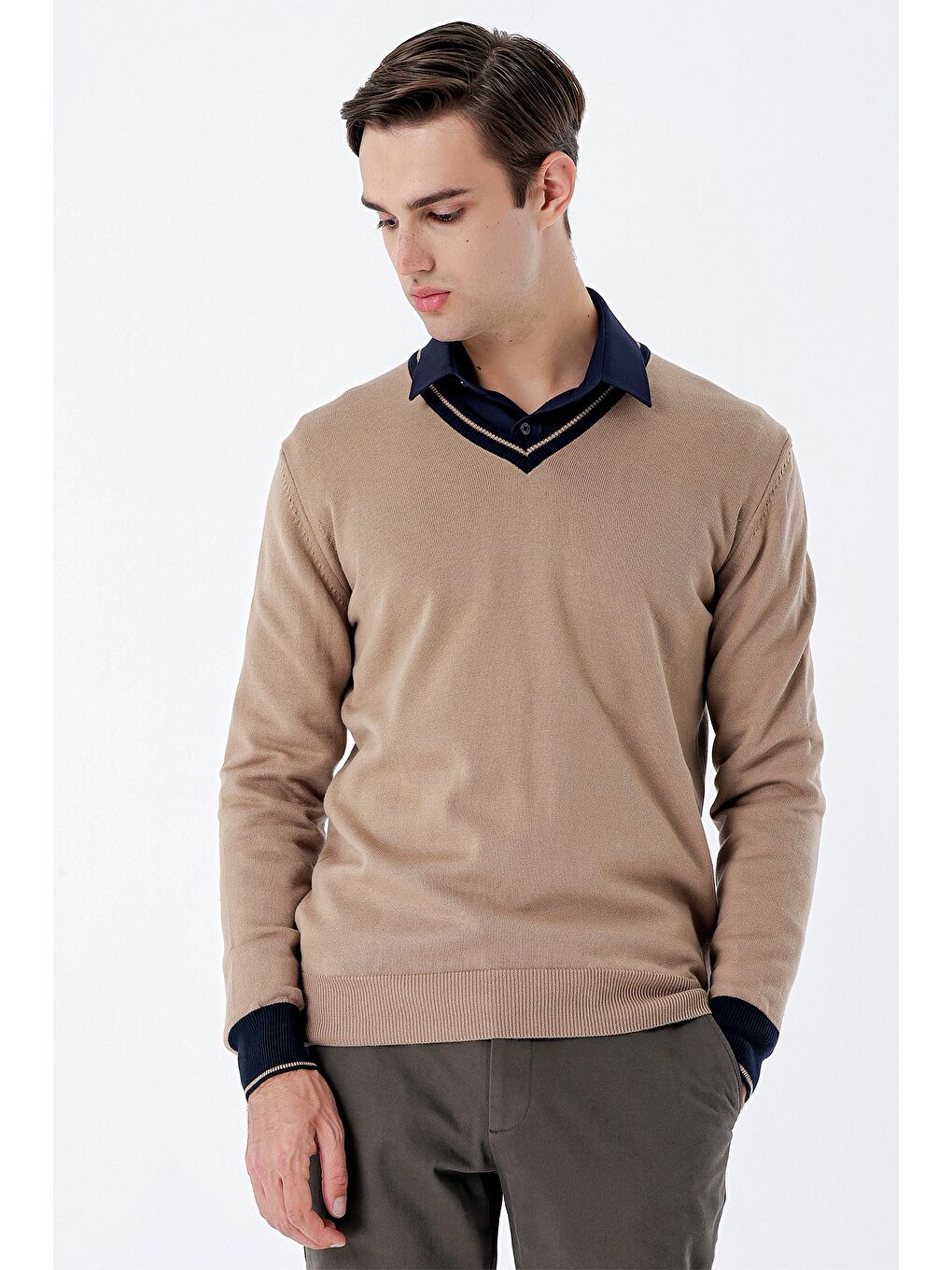 Kahverengi Koyu Camel Uzun Kollu Desenli Örme V Yaka Pamuklu Klasik Comfort Fit Triko 1012235168