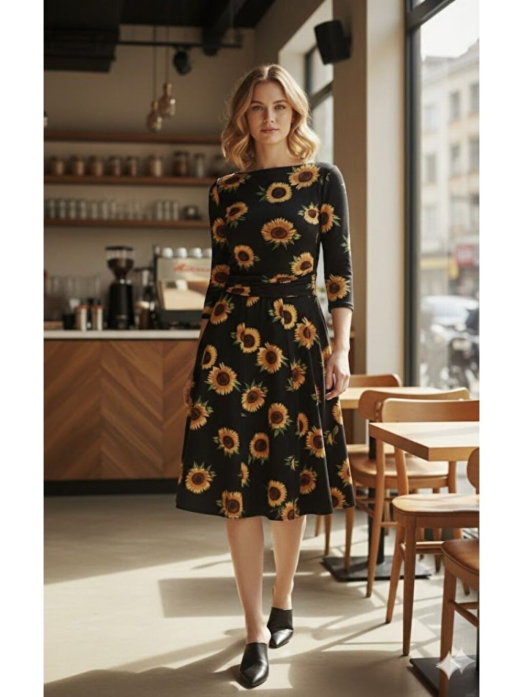 Siyah Kadın Fakir Kol Bisiklet Yaka Midi Mikro Elbise-1