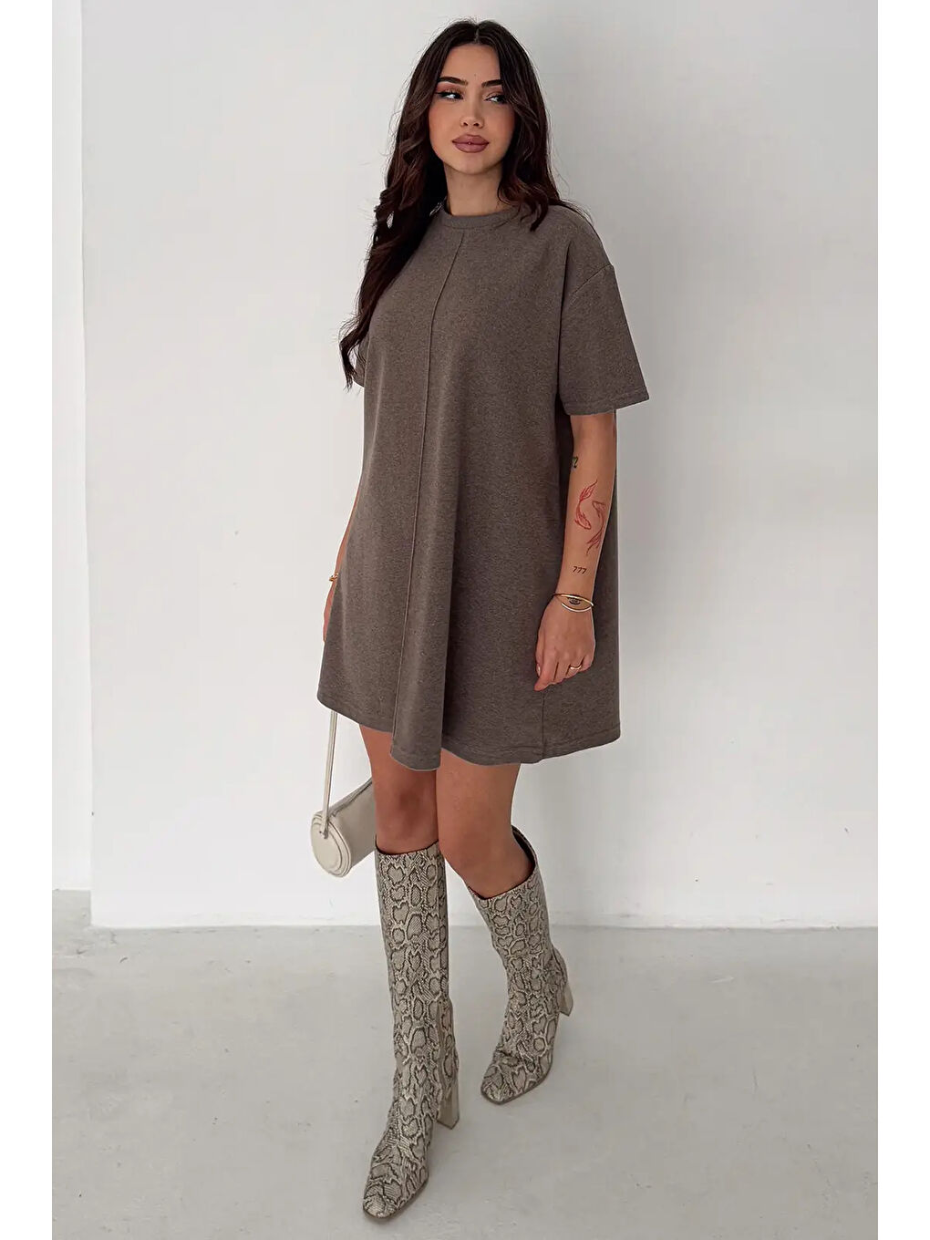 Kahverengi Kadın Rahat Kesim Soft Kısa Elbise Kahve-3