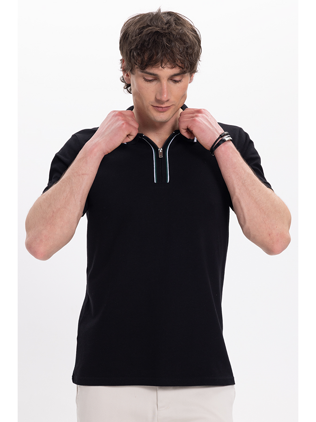 Erkek Slim Fit Dar Kesim %100 Pamuk Kısa Kollu Yarım Fermuarlı Siyah Polo Yaka Tişört-3