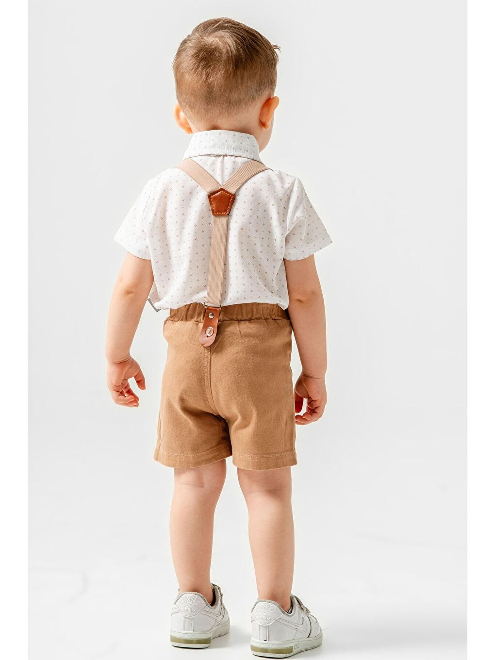 Ekru Tarz Desenli Gömlek Belden Ayarlanabilir Salopetli Kısa Kollu Şortlu 2'li Takım-3