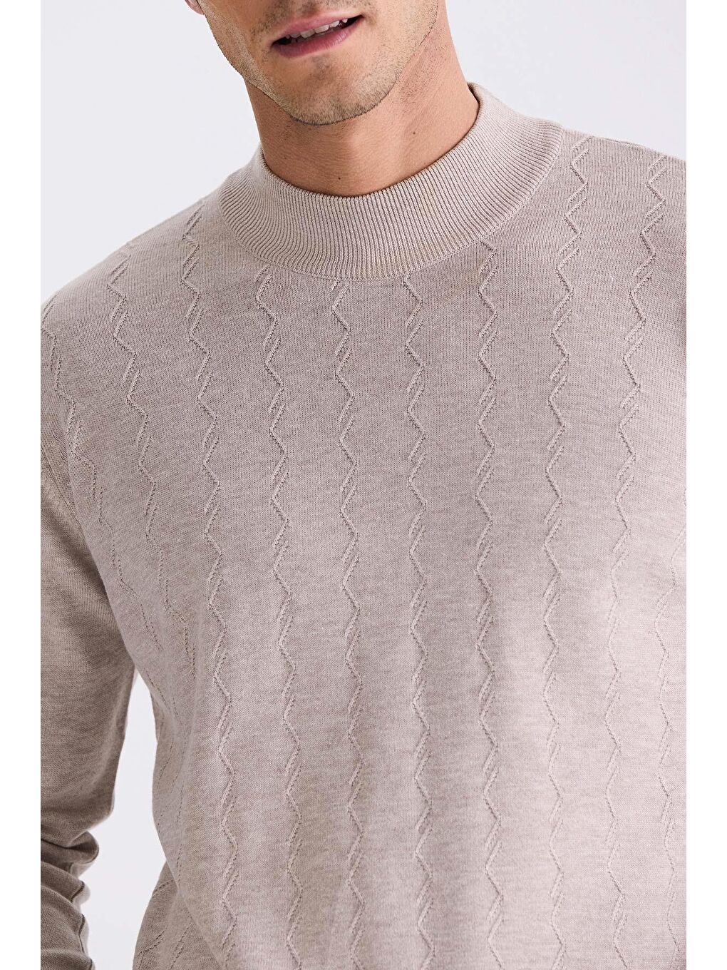 Bej Classic Fit Desenli Yarım Balıkçı Yaka Triko Kazak-2