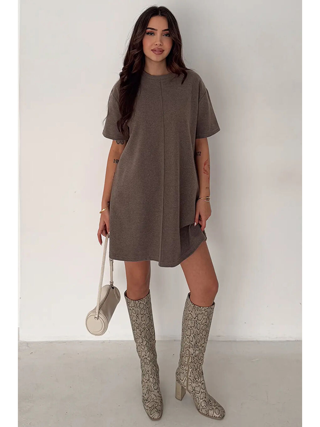 Kahverengi Kadın Rahat Kesim Soft Kısa Elbise Kahve-4