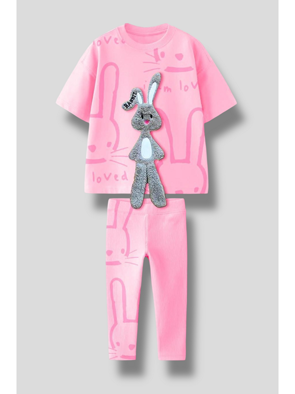Pembe Kız Çocuk 3D Tavşan Detaylı Tişört Ve Desenli Tayt Takımı – 2'Li Set, Pamuklu Ve Rahat-2