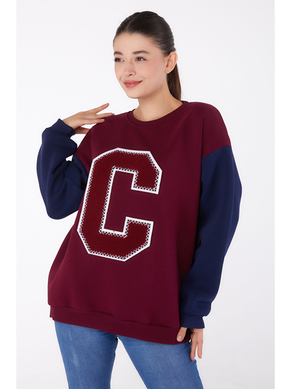 Nakışlı Sweatshirt Bordo - 26451-1