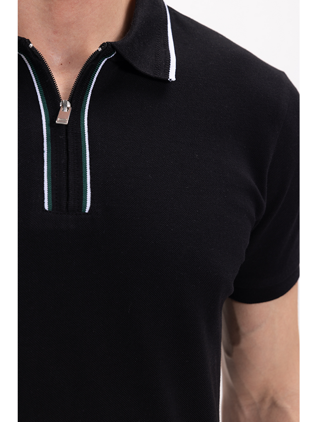 Erkek Slim Fit Dar Kesim %100 Pamuk Kısa Kollu Yarım Fermuarlı Siyah Polo Yaka Tişört-4