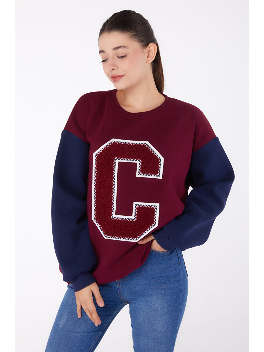 Nakışlı Sweatshirt Bordo - 26451-2