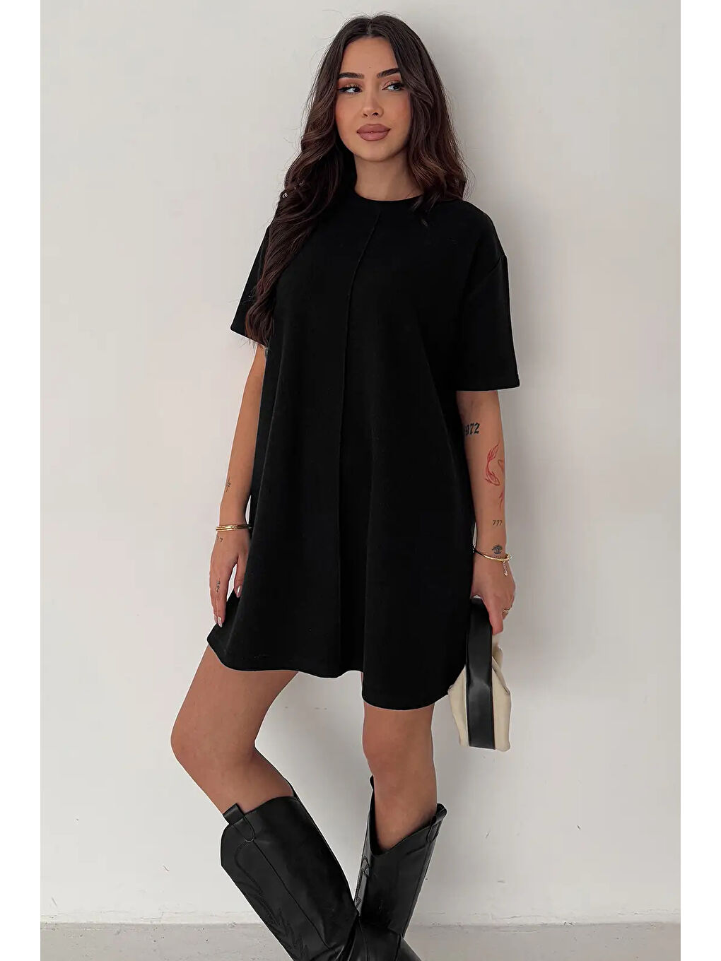 Kadın Rahat Kesim Soft Kısa Elbise Siyah-3