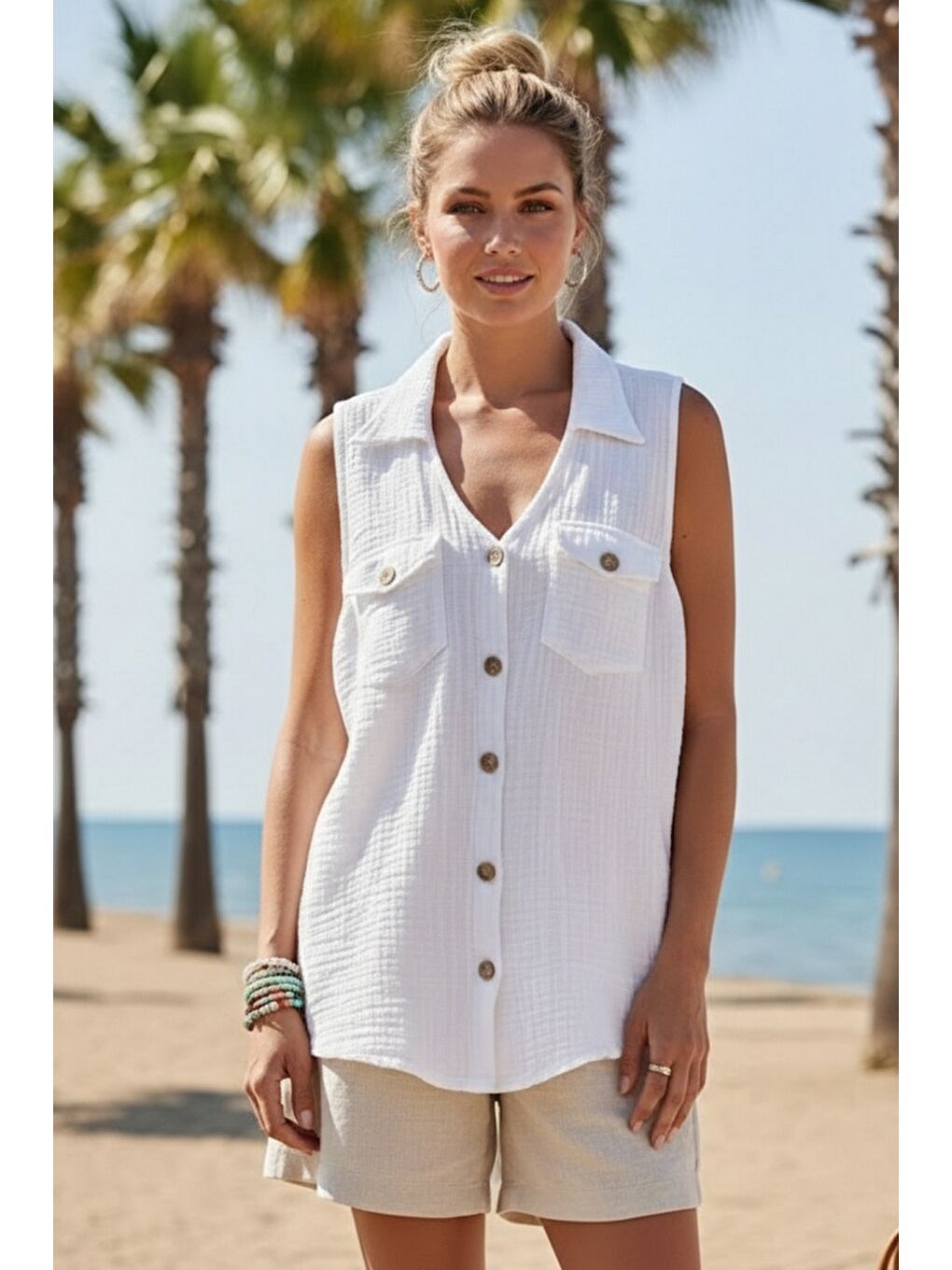 Beyaz Gömlek Yaka Kolsuz Düğmeli Çift Kapaklı Cepli Yıkamalı Casual Müslin Dokuma Bluz 62 55-1