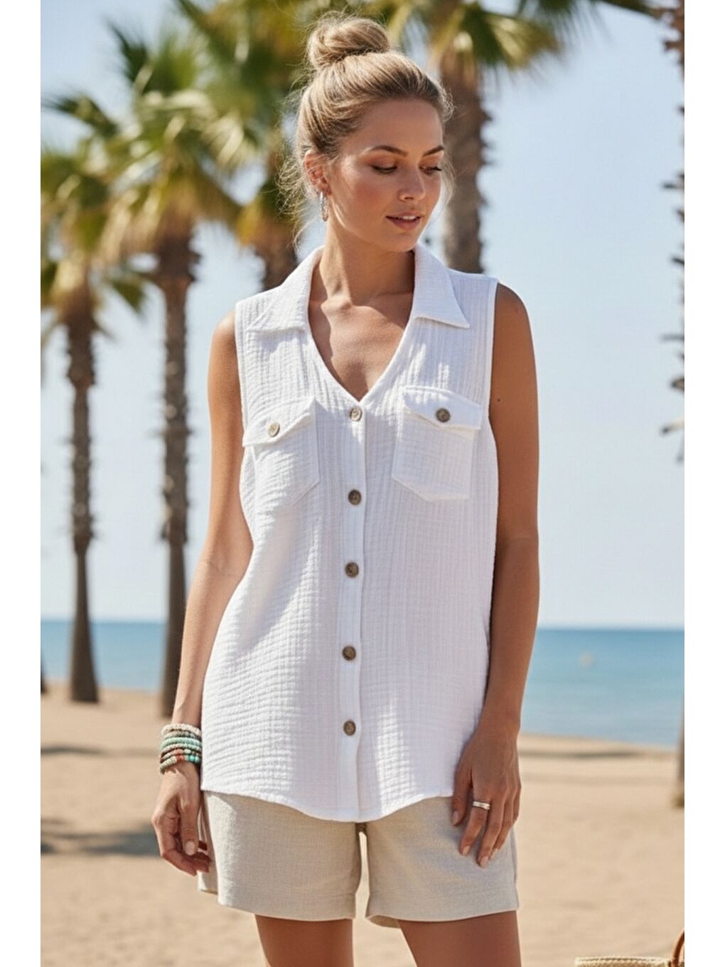 Beyaz Gömlek Yaka Kolsuz Düğmeli Çift Kapaklı Cepli Yıkamalı Casual Müslin Dokuma Bluz 62 55-2