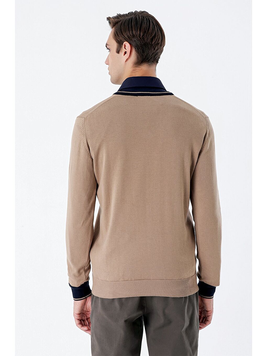 Kahverengi Koyu Camel Uzun Kollu Desenli Örme V Yaka Pamuklu Klasik Comfort Fit Triko 1012235168-5