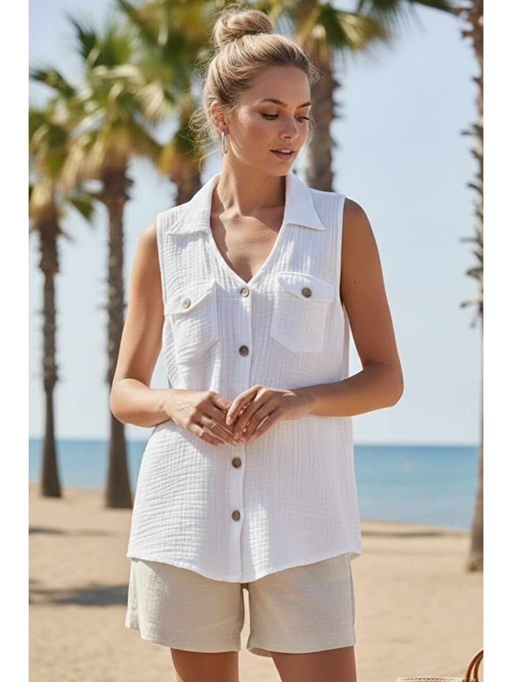 Beyaz Gömlek Yaka Kolsuz Düğmeli Çift Kapaklı Cepli Yıkamalı Casual Müslin Dokuma Bluz 62 55-3