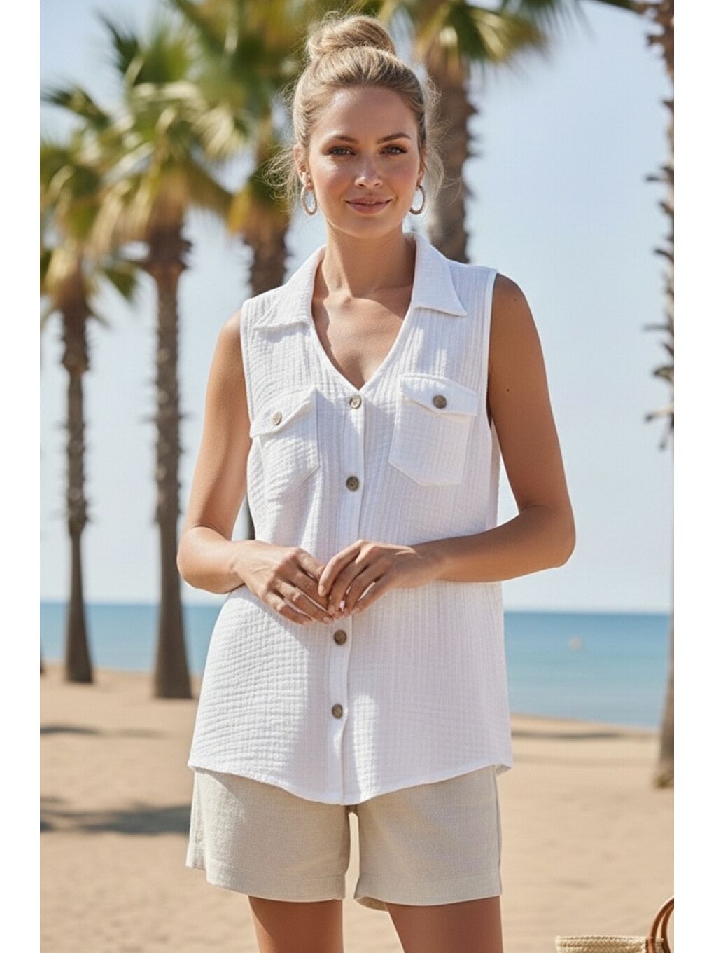 Beyaz Gömlek Yaka Kolsuz Düğmeli Çift Kapaklı Cepli Yıkamalı Casual Müslin Dokuma Bluz 62 55-4