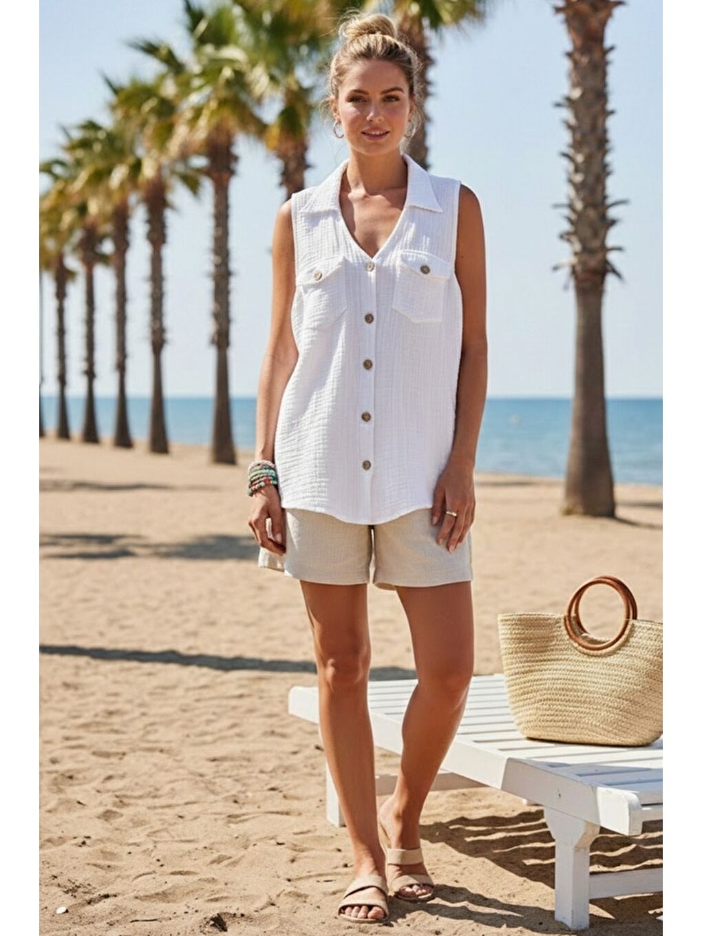 Beyaz Gömlek Yaka Kolsuz Düğmeli Çift Kapaklı Cepli Yıkamalı Casual Müslin Dokuma Bluz 62 55-5