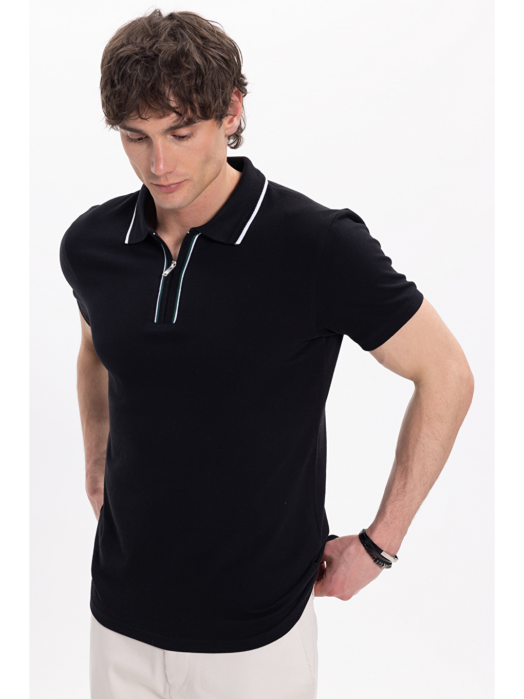 Erkek Slim Fit Dar Kesim %100 Pamuk Kısa Kollu Yarım Fermuarlı Siyah Polo Yaka Tişört-6