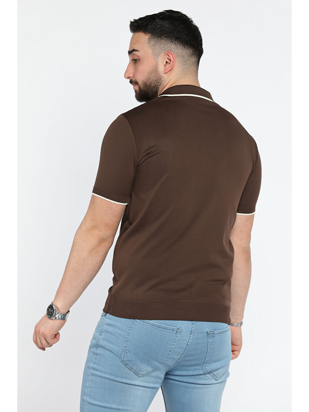 Kahverengi Erkek Yaka Çizgi Detaylı Polo Yaka Triko Tişört-2