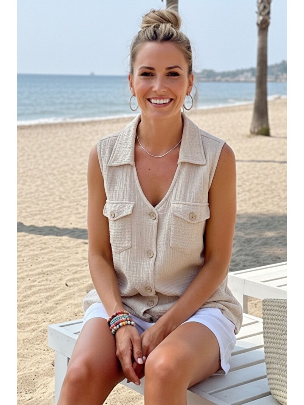 Bej Gömlek Yaka Kolsuz Düğmeli Çift Kapaklı Cepli Yıkamalı Casual Müslin Dokuma Bluz 62 55