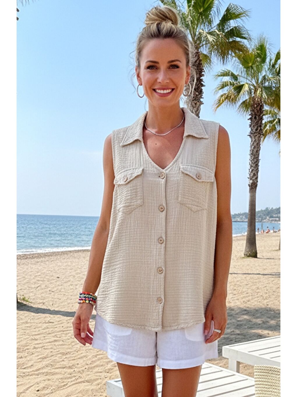 Bej Gömlek Yaka Kolsuz Düğmeli Çift Kapaklı Cepli Yıkamalı Casual Müslin Dokuma Bluz 62 55-1