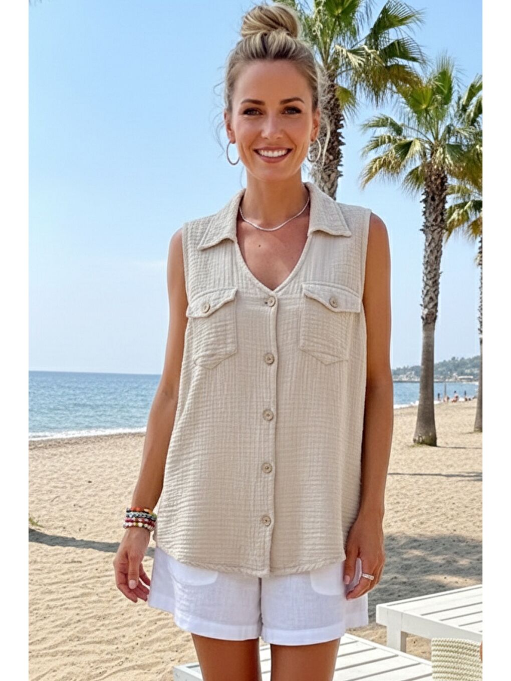 Bej Gömlek Yaka Kolsuz Düğmeli Çift Kapaklı Cepli Yıkamalı Casual Müslin Dokuma Bluz 62 55-2