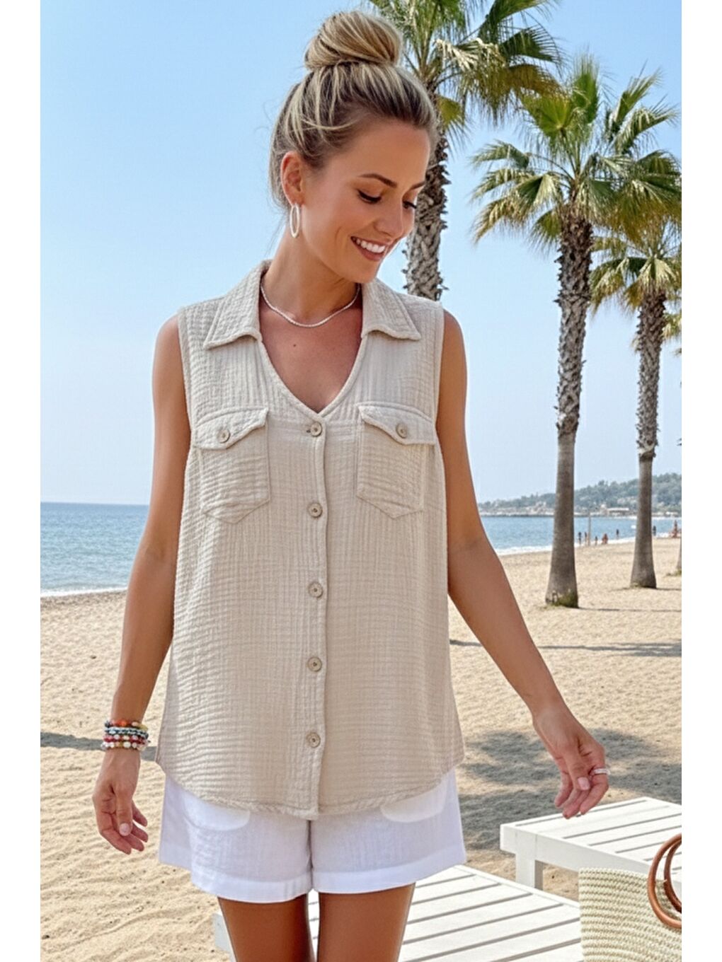 Bej Gömlek Yaka Kolsuz Düğmeli Çift Kapaklı Cepli Yıkamalı Casual Müslin Dokuma Bluz 62 55-3