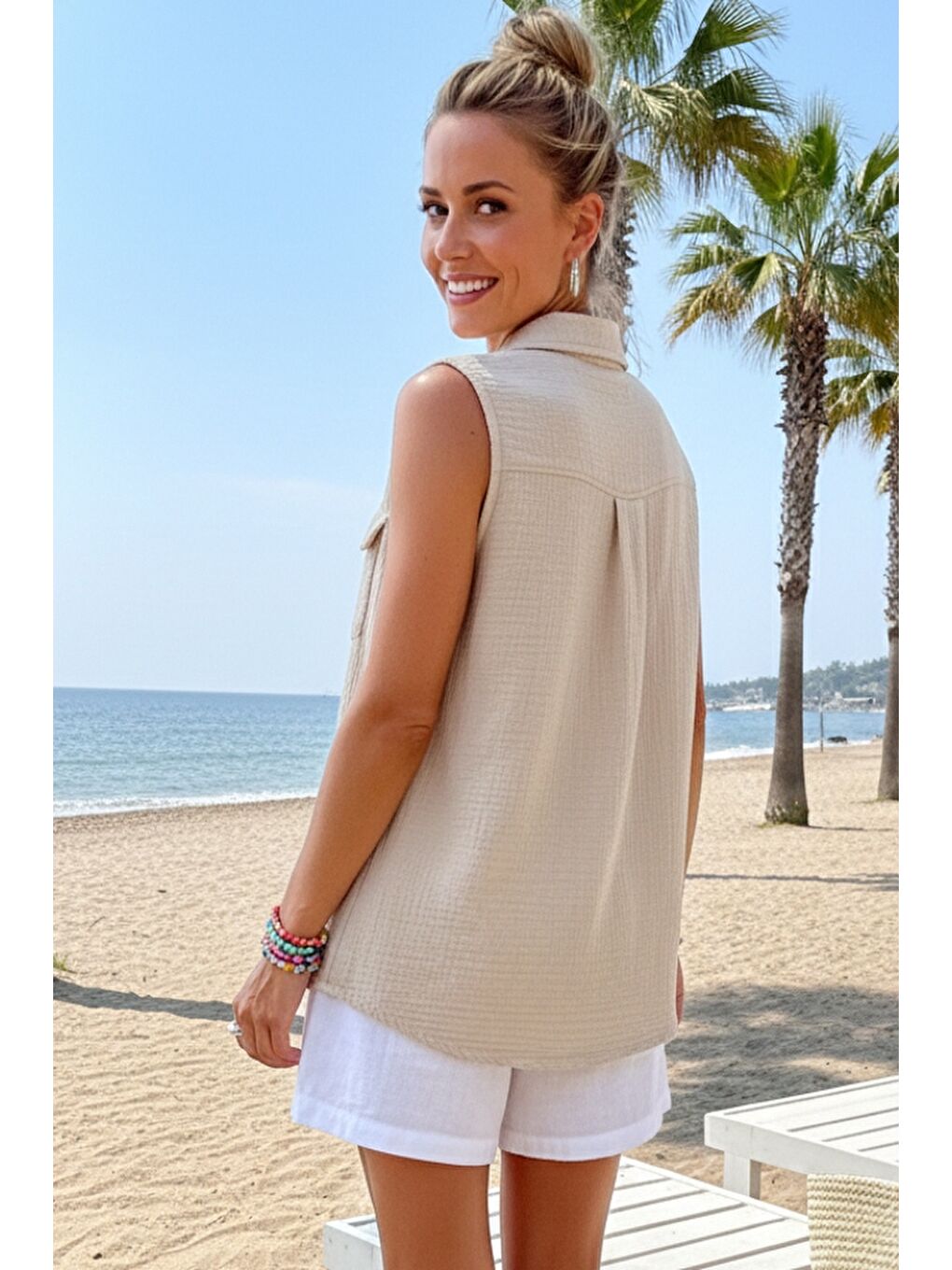 Bej Gömlek Yaka Kolsuz Düğmeli Çift Kapaklı Cepli Yıkamalı Casual Müslin Dokuma Bluz 62 55-6