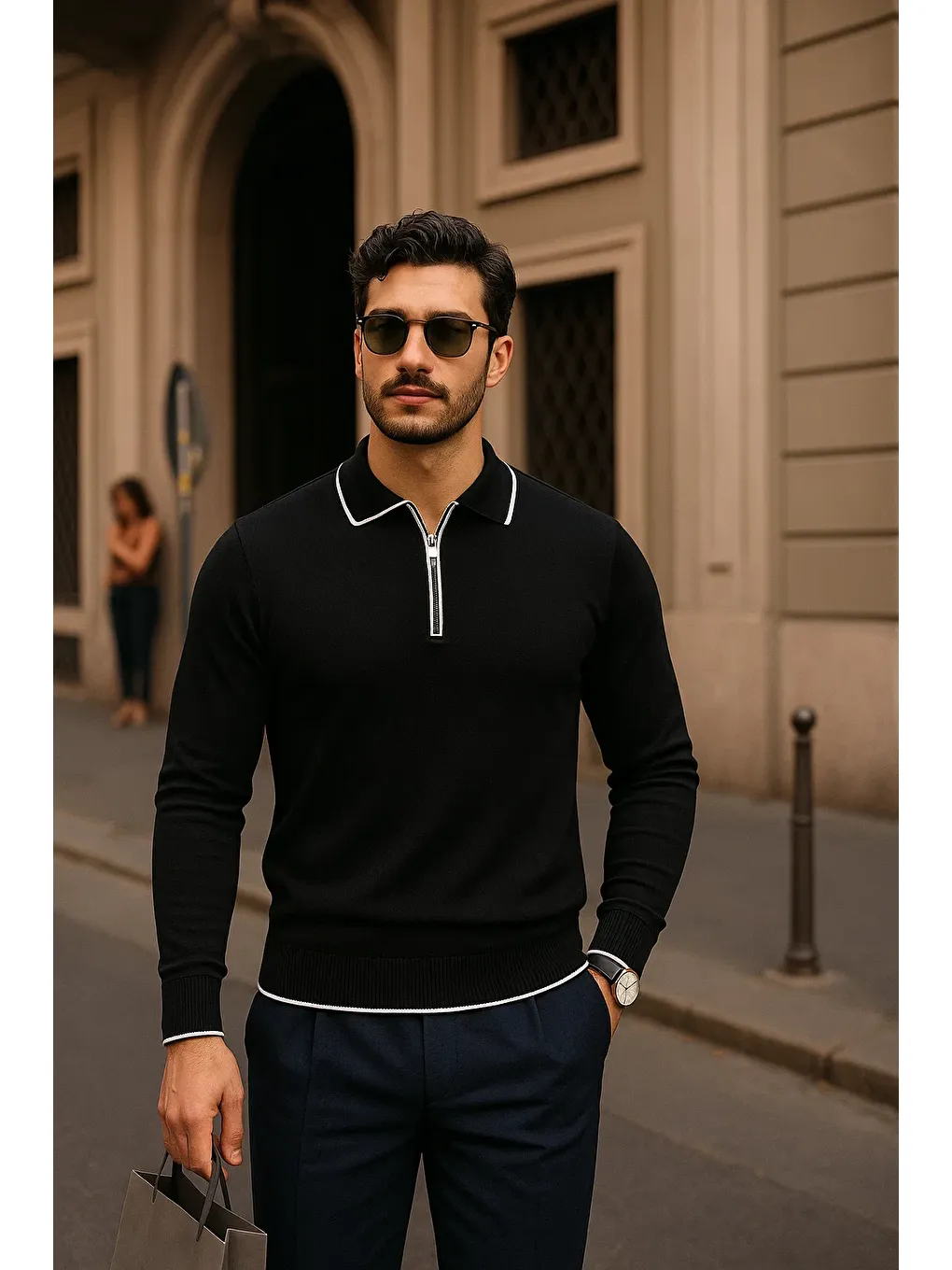 Erkek Fermuarlı Siyah Uzun Kollu Polo Yaka Triko Kazak