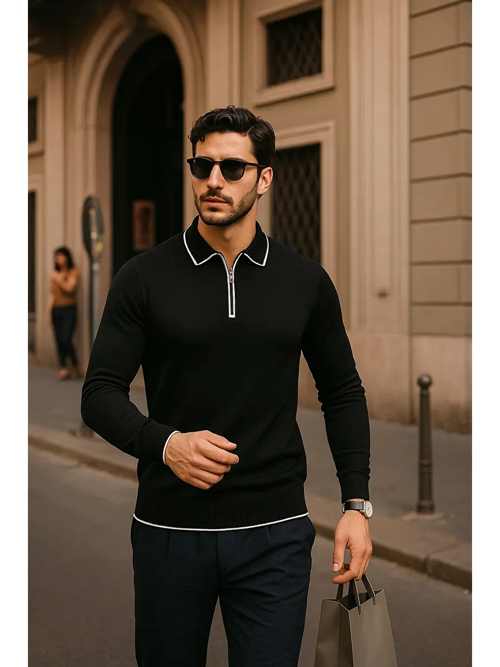 Erkek Fermuarlı Siyah Uzun Kollu Polo Yaka Triko Kazak-1