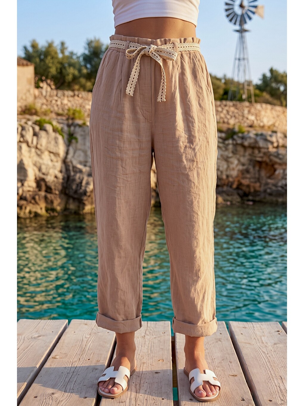 İtalyan Bej Cepli Kemerli Lastikli Bel Şalvar Paça Casual 100% Keten Dokuma Pantolon 85 60-2