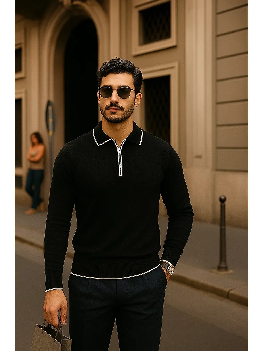Erkek Fermuarlı Siyah Uzun Kollu Polo Yaka Triko Kazak-2