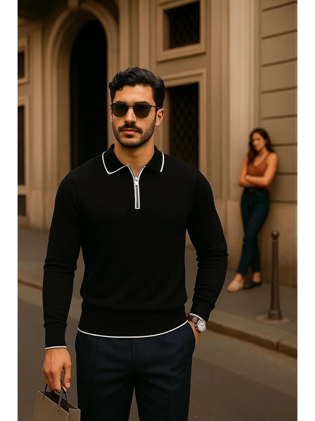 Erkek Fermuarlı Siyah Uzun Kollu Polo Yaka Triko Kazak-3
