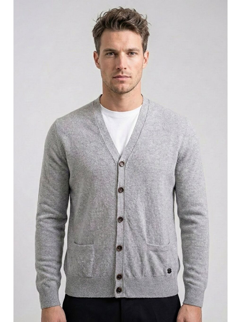 Giotelli Gri Regular Fit Yün Karışımlı V Yaka Düğmeli Erkek Triko Hırka