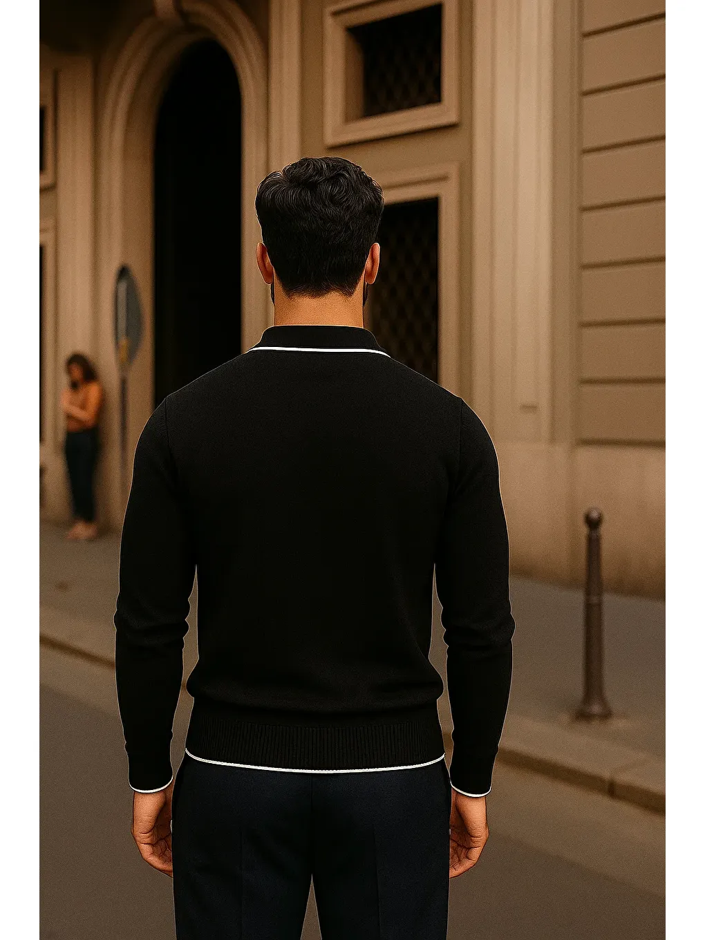 Erkek Fermuarlı Siyah Uzun Kollu Polo Yaka Triko Kazak-4