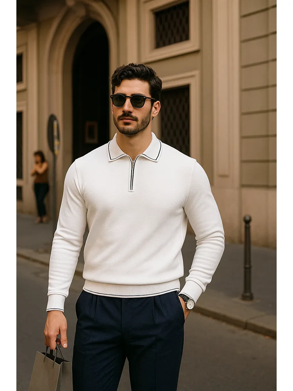 Erkek Fermuarlı Beyaz Uzun Kollu Polo Yaka Triko Kazak-1